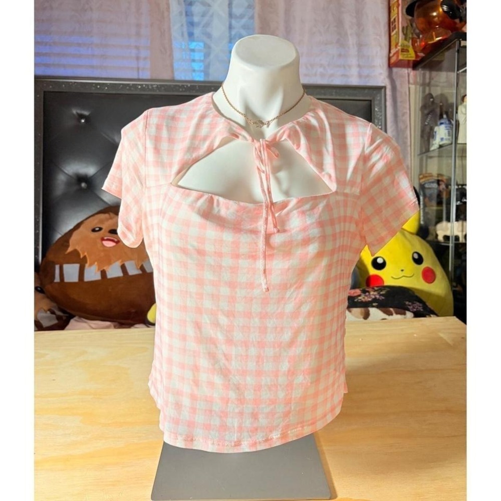 Y2K Primark Cares Pink Gingham Mesh Cutout Tie Front Top Womens L Cottagecore #2